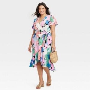 Ava & Viv Abstract Floral Women's Short Sleeve Flutter Wrap Midi Dress